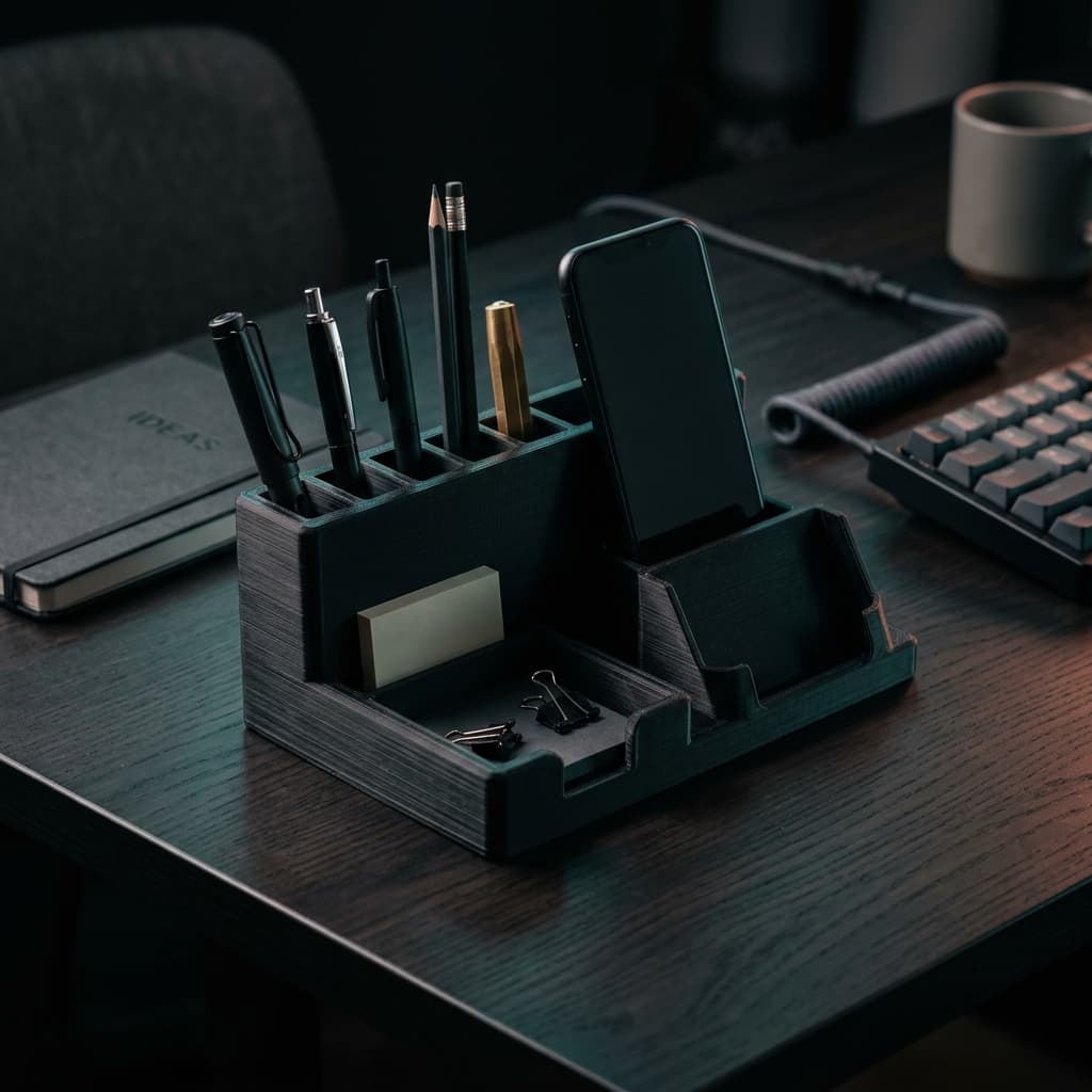 3D printed matte black PLA desk organizer